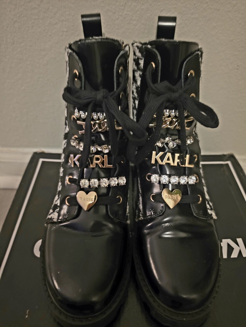 Karl Lagerfeld Black Patent Lace-Up Boots with Crystal & Gold Heart Accents